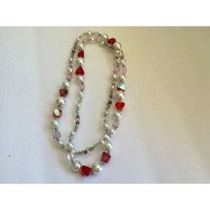 PINK RED & Clear GLASS Simulated PEARL BEAD NECKLACE STRAND